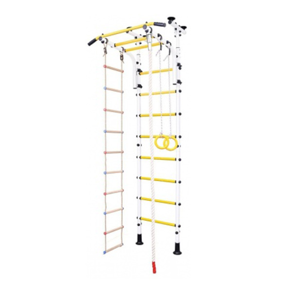 Детская шведская стенка враспор, турник-рукоход, канат, кольца, веревочная лестница, классические (пвх), белый