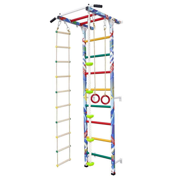 Детская шведская стенка Атлет One Step, к стене, турник-рукоход, канат, кольца,  лестница, тарзанка – фото