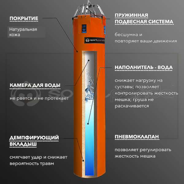 Водоналивной боксерский мешок «AQUA BAG», натуральная кожа, 180 см, диаметр 40 см, оранжевый – фото