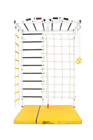 Детская шведская стенка М-103 к стене, усиленная, турник-рукоход, сетка, кольца, канат, лестница, мат – фото